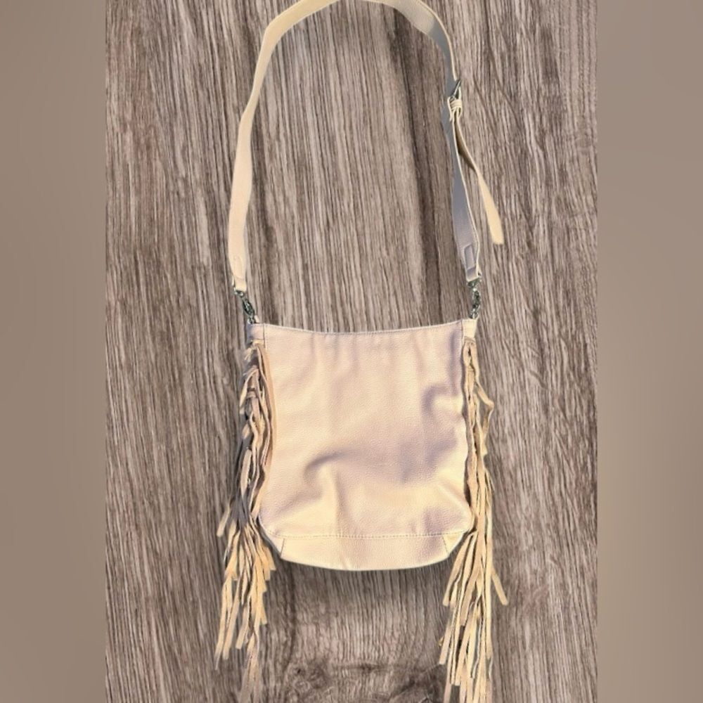 Expressions NYC Vegan Leather w/ Suede Fringe Crossbody Bag in Cream.